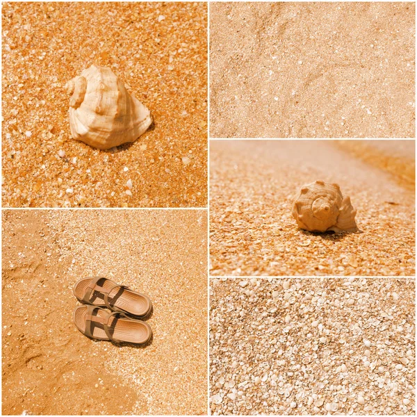 A collage of toned pictures of many beach items - flip-flops, shells,sand, sea water