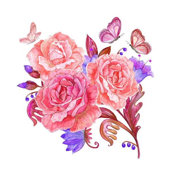 Pink roses and butterflies