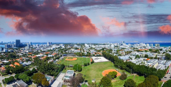 Miami, aerial view of city skyline from a park
