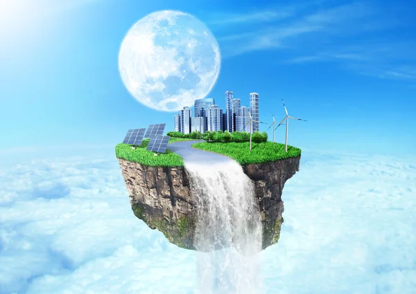 Concept of freedom. Island in sky with future city, solar panels