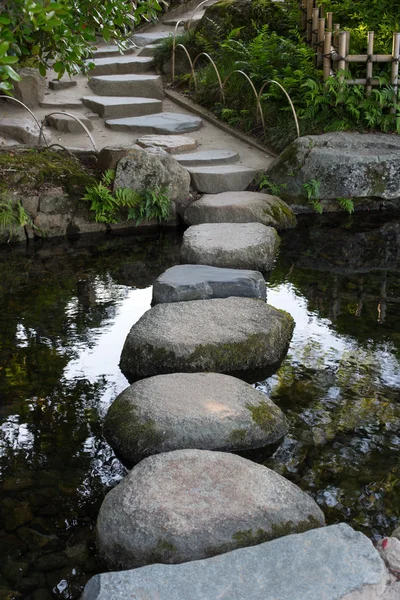 Zen stone path in a Japanese Garden across a tranquil pond in Ok