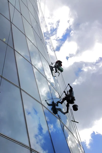 Glass wall cleaning.