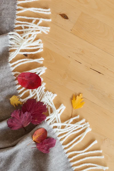 Warm wool throw autumn red leaves on wooden background