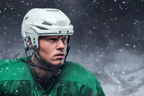 Hockey player in a snow storm