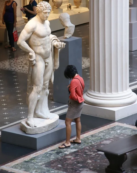 Young woman studying nude Greek statue