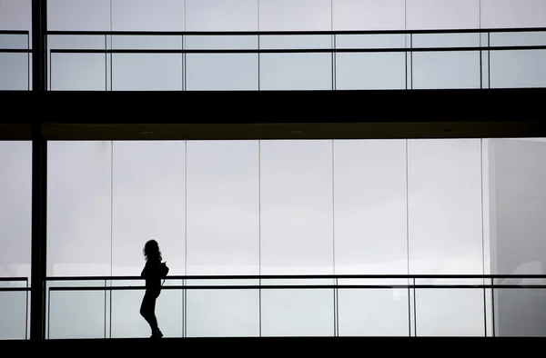 Silhouette view of young businesswoman in a modern office building interior
