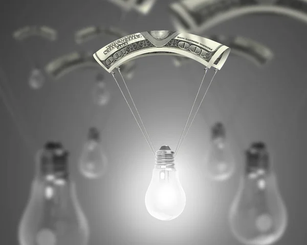 Bright light bulb with money parachute, 3D rendering