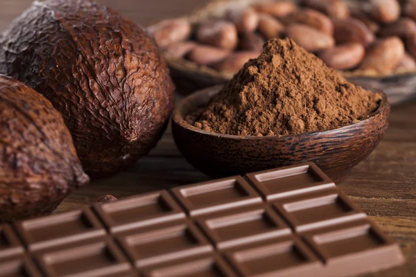 Chocolate bars, cacao beans and powder