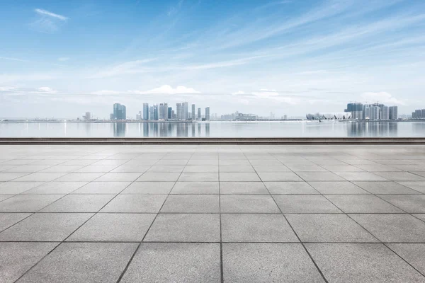 Cityscape and skyline of Hangzhou from empty floor