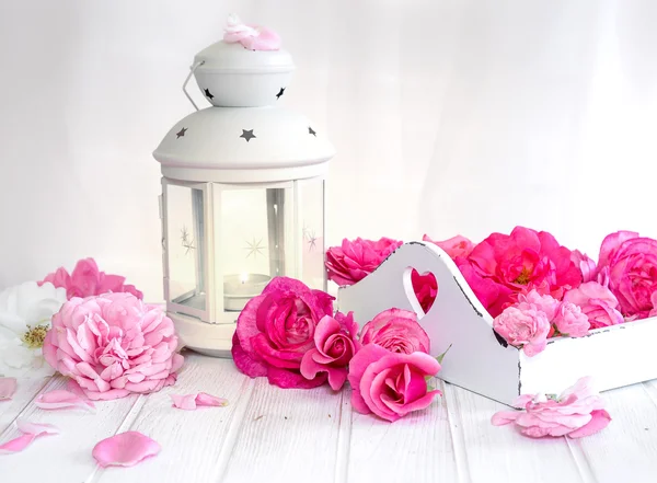 Still life with roses and a white lantern