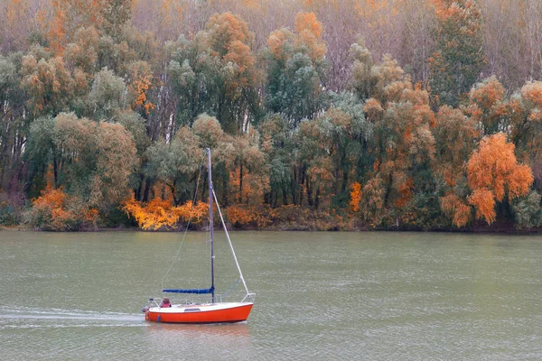 Couple sailing on small yacht in the river on beautiful autumn day