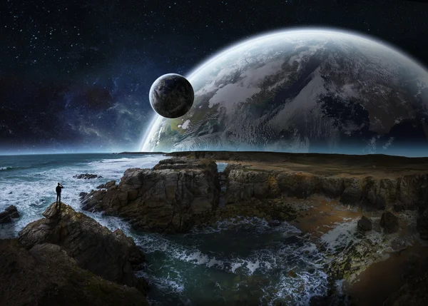 View of distant planet system from cliffs 3D rendering  elements of this image furnished by NASA