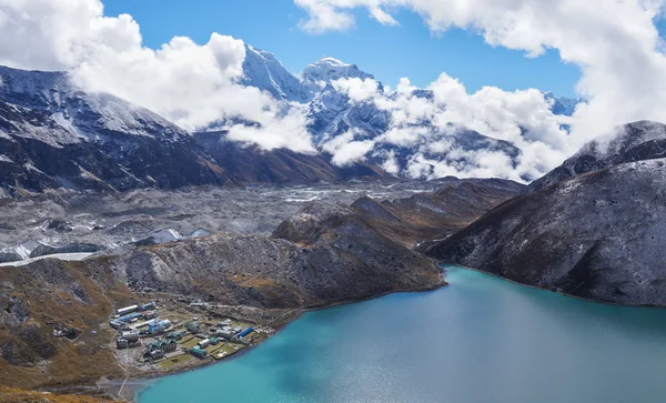 Himalayas. View from Gokyo Ri, 5360 meters up in the Himalaya Mountains of Nepal, snow covered high peaks and lake.