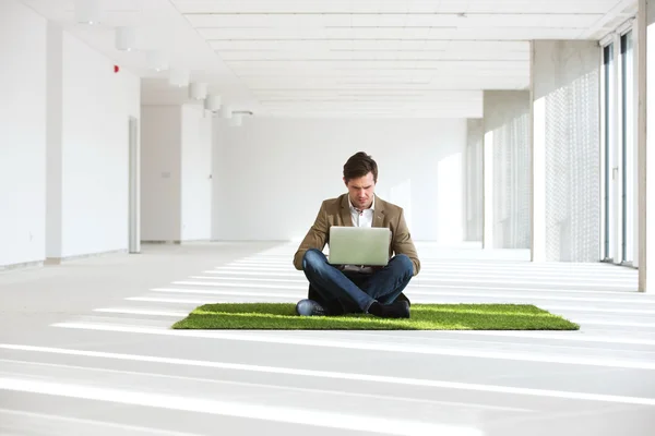 Businessman using laptop in new office