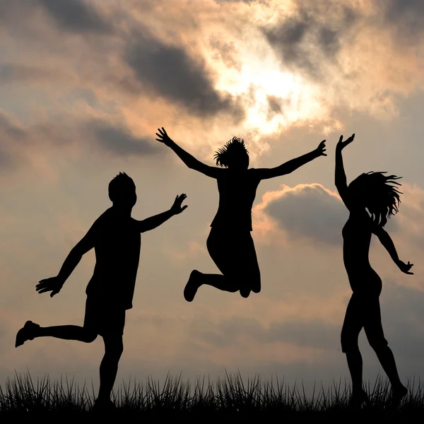Silhouettes of friends jumping outdoor set 1