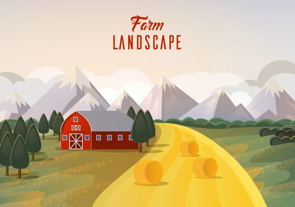 Farm landscape panorama with wheat field and mountain, barn on field and trees. Agribusiness farmhouse or season ranch near garden. Ideal for rural banner or village logo, farming emblem