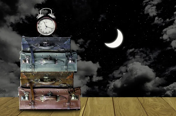 Travel at night concept, Vintage travel bag with moon in night s