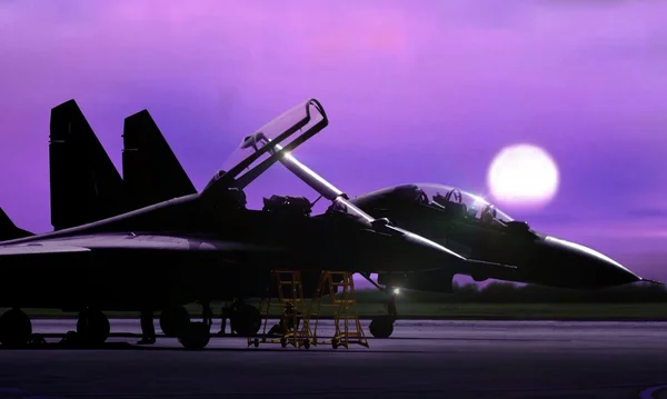 Fighter jet on standby ready to take off during sunrise
