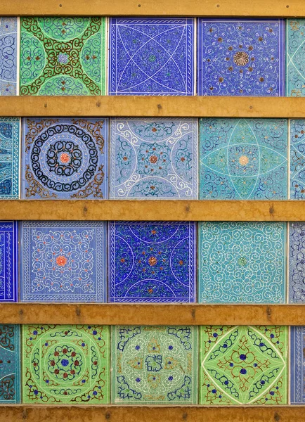 Persian Islamic Motifs and Patterns on Handmade Colorful Blue and Green Tiles from Isfahan