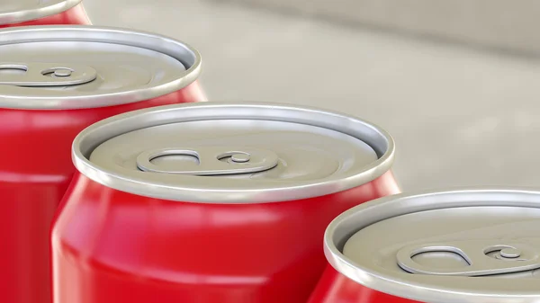Red aluminum cans on industrial conveyor. Soda or beer production line. Recycling ecologic packaging. 3D rendering