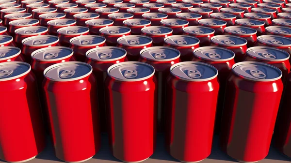 Red cans with no logo at sunset. Soft drinks or beer for party. Recycling packaging. 3D rendering