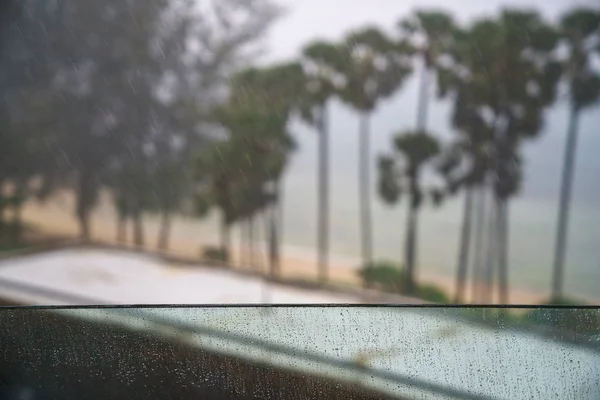 Tropical rain. View from the hotel balcony. Background drops on the glass enclosure.