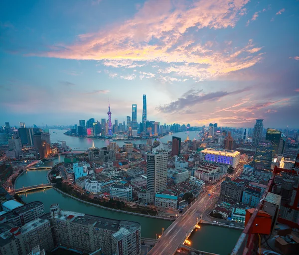 Aerial photography at Shanghai bund Skyline of Sunset glow