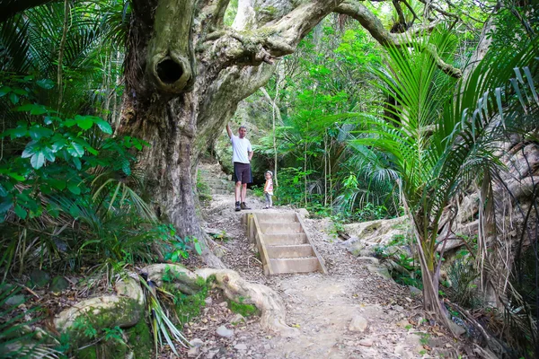 Young man with  little daughter on hiking trail, Mount Manaia.