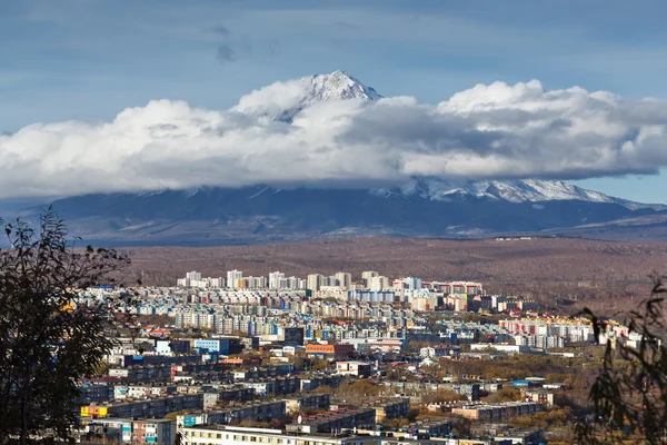 Petropavlovsk-Kamchatsky City on background Koryaksky Volcano