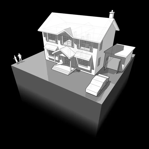 Diagram of a classic colonial house with garage and car