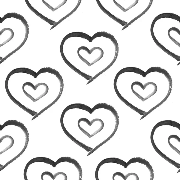 Grunge seamless pattern with hand painted black hearts.