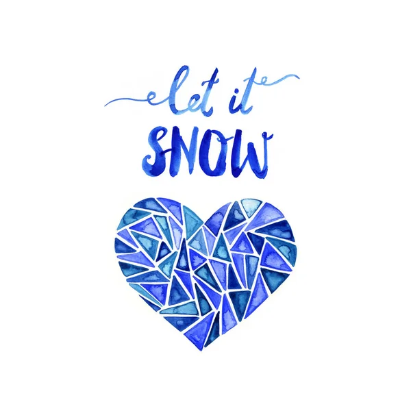 Let it snow. Hand drawn blue brush lettering. Watercolor illustration.