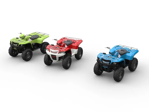Red, green and blue four wheelers