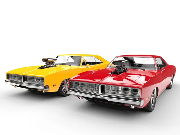 Fiery vintage muscle cars - isolated on white background