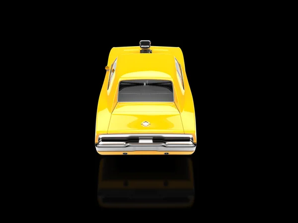 Yellow muscle car - rear view - isolated on black reflective background