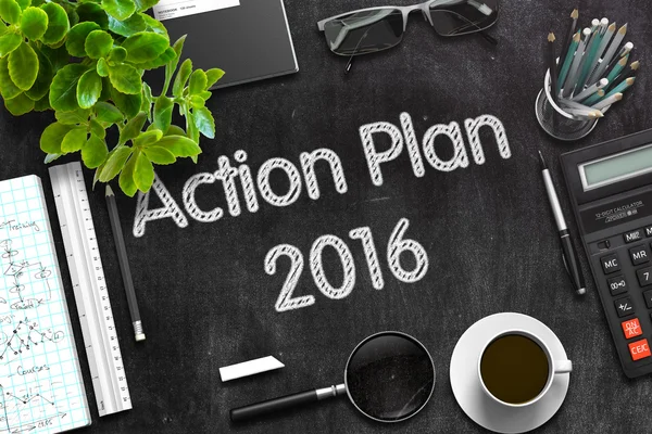Action Plan 2016 Concept on Black Chalkboard. 3D Rendering.