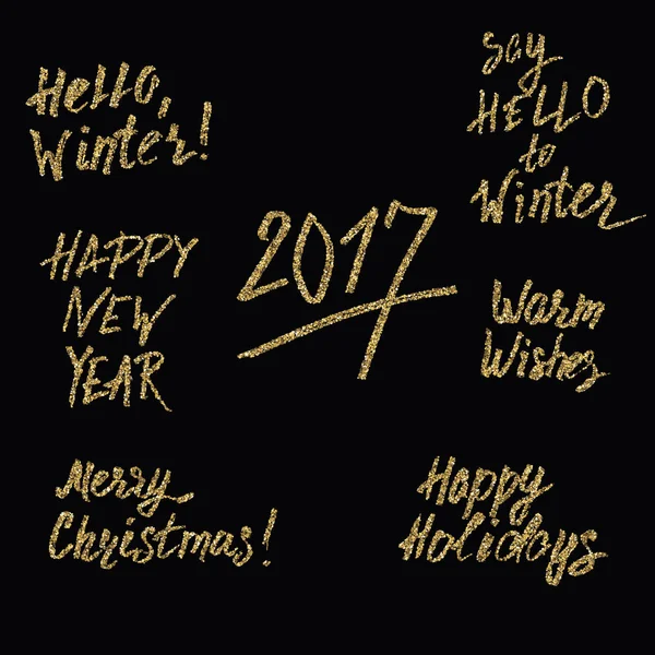 Happy New Year 2017 and Merry Christmas Holiday Printable Templates Set. Vector Hand Drawn Marker Glittering Golden Lettering. Winter Sale, Wishes, Happy Holidays Inspirational Design.