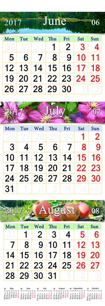 Calendar for June July and August 2017 with colored pictures