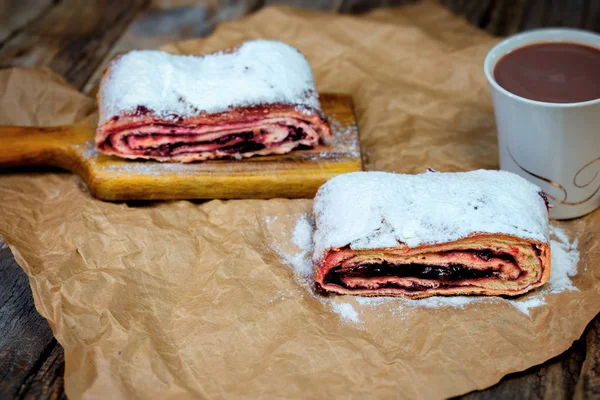 Sour cherry cake (sour cherry pie) and chocolate milk