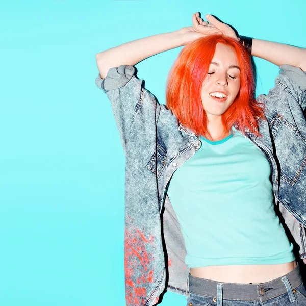 Model Teenager with Orange hair and denim clothes