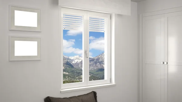 White interior with window with mountain landscape in background