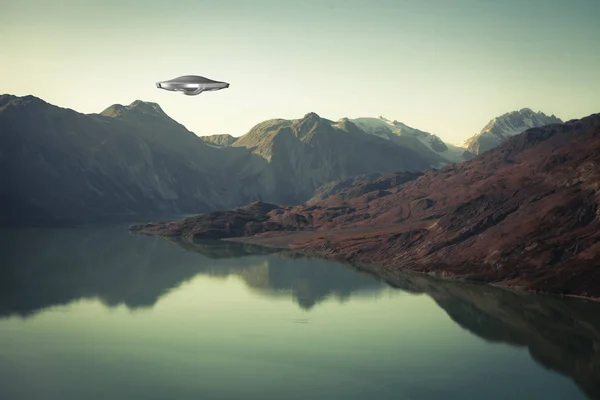 UFO Spaceship with water and mountains.