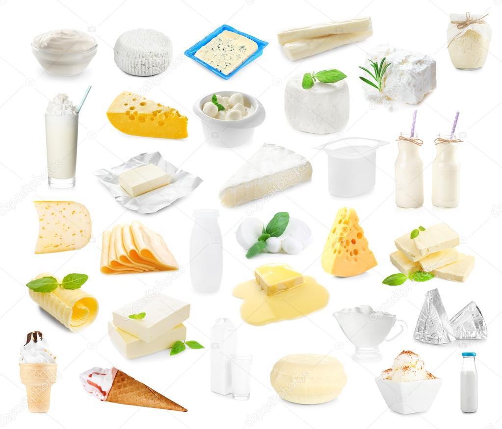 Diferentes tipos de productos lácteos en fondo blanco. Collage de alimentos lácteos — Foto de ...