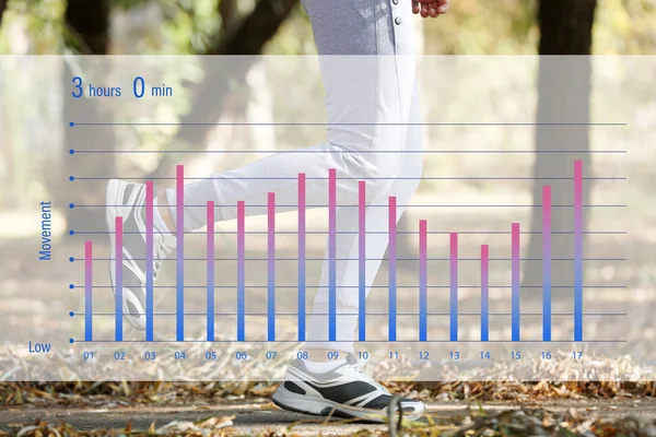 Closeup of female legs jogging at park. Graphic of training results. Health care and sport concept.