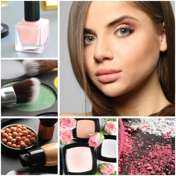 Collage of decorative cosmetic and woman with makeup. Beauty and fashion concept.
