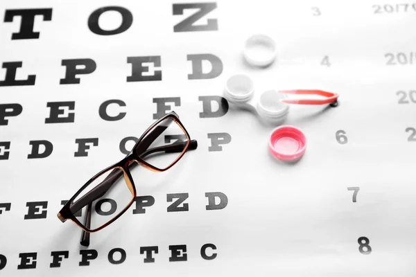 Glasses lying on eye test chart