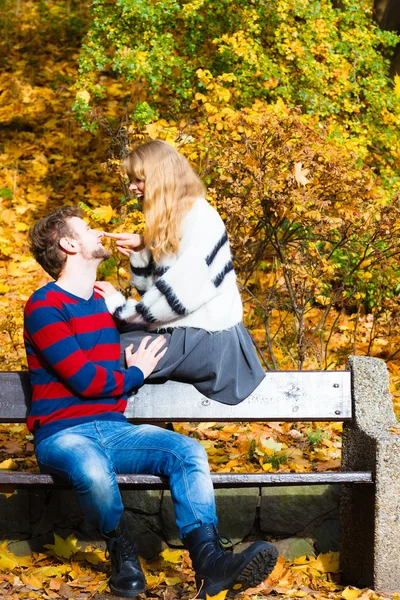 Lovers couple in autumn park on bench