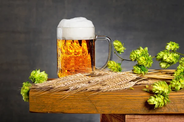 Still life with glass of beer and raw material for beer producti