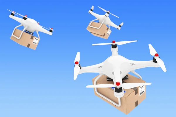 Parcel Shipping Concept. Quadrocopter Drones Delivering a Parcel