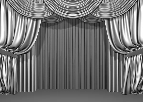 Curtains of gray fabric, gathered in folds. 3 d illustration. Digital illustration.